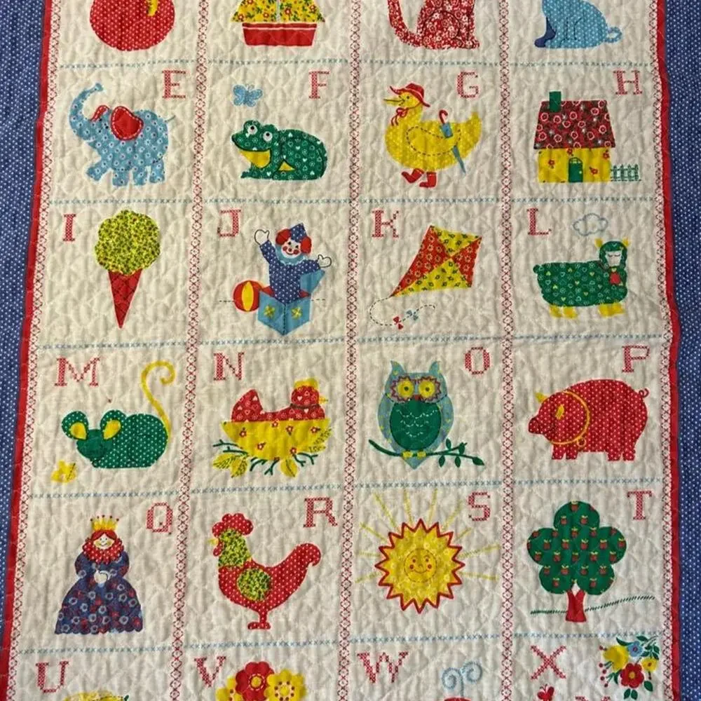 Vintage alphabet quilt for baby toddler bed or as nursery wall hanging decor